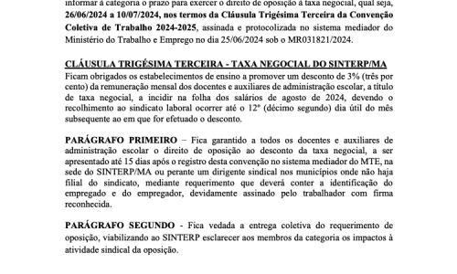 Nota de Esclarecimento – Direito de oposição à Taxa Negocial do Sinterp/MA