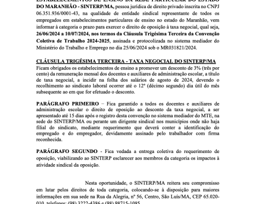 Nota de Esclarecimento – Direito de oposição à Taxa Negocial do Sinterp/MA