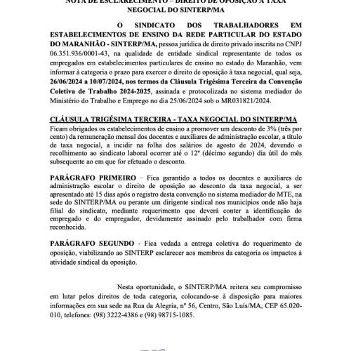 Nota de Esclarecimento – Direito de oposição à Taxa Negocial do Sinterp/MA